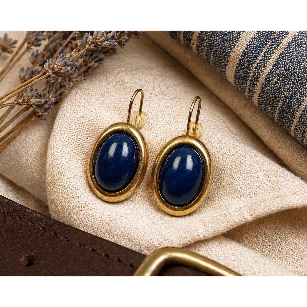 Vintage  Gold Tone Navy Blue Cabochon Drop Earrings Oval Dangle Classic 1980